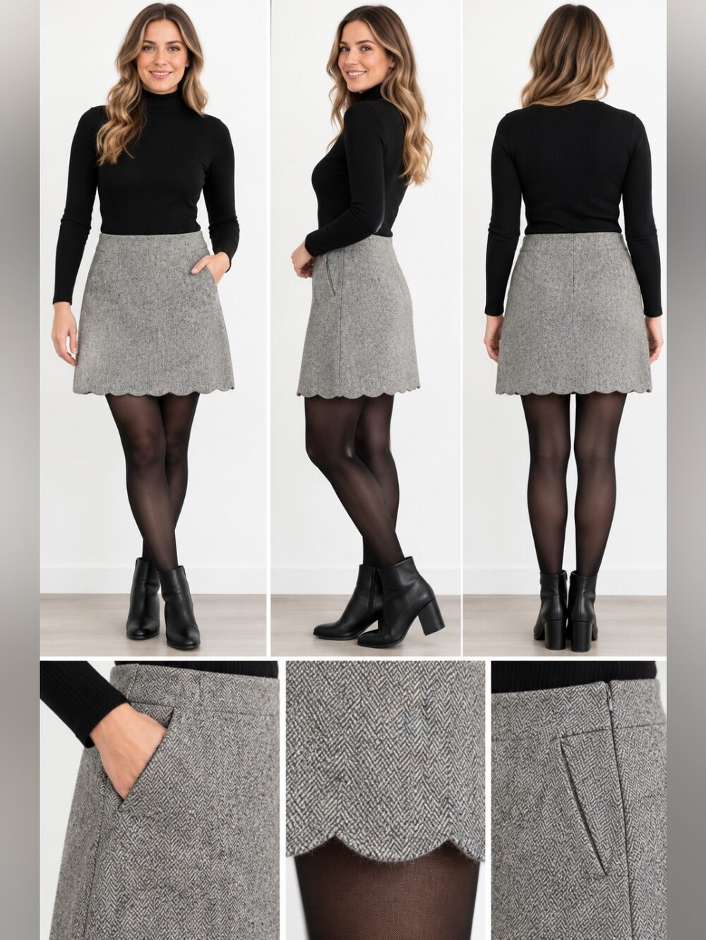 Talbots Grey Wool Tweed Herringbone Mini Skirt Size 6
